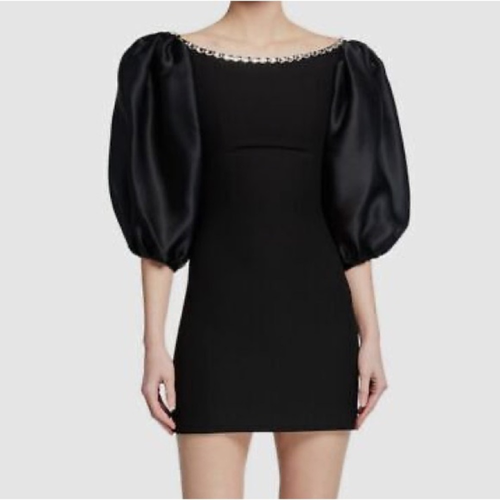 NWT RASARIO black crystal embellished neckline puff balloon sleeves dress